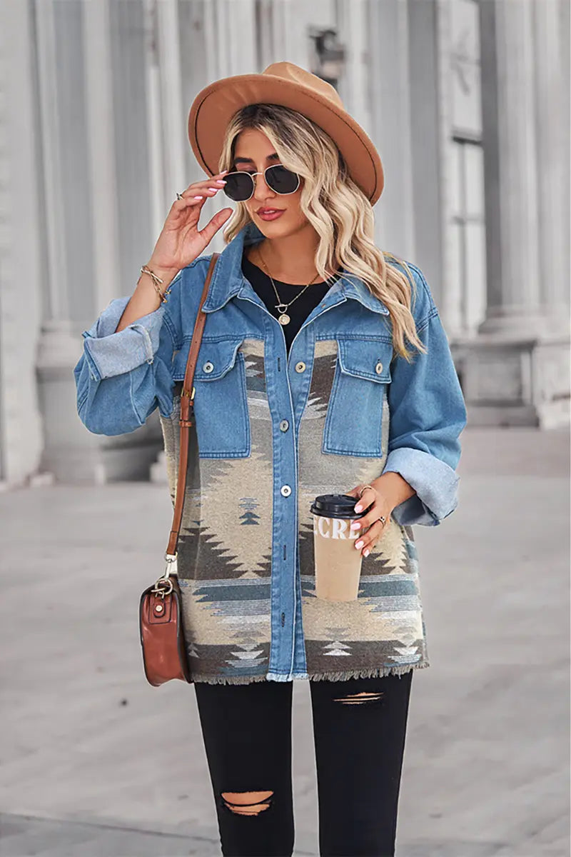 Aztec Geometric Long Denim Patchwork Wool Coat