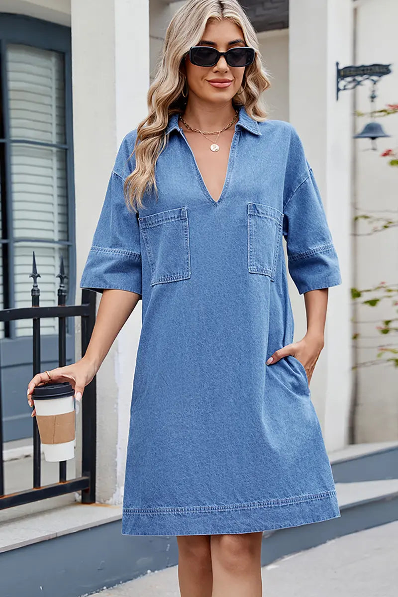 Elegant Loose-Fit V-Neck Midi Dress