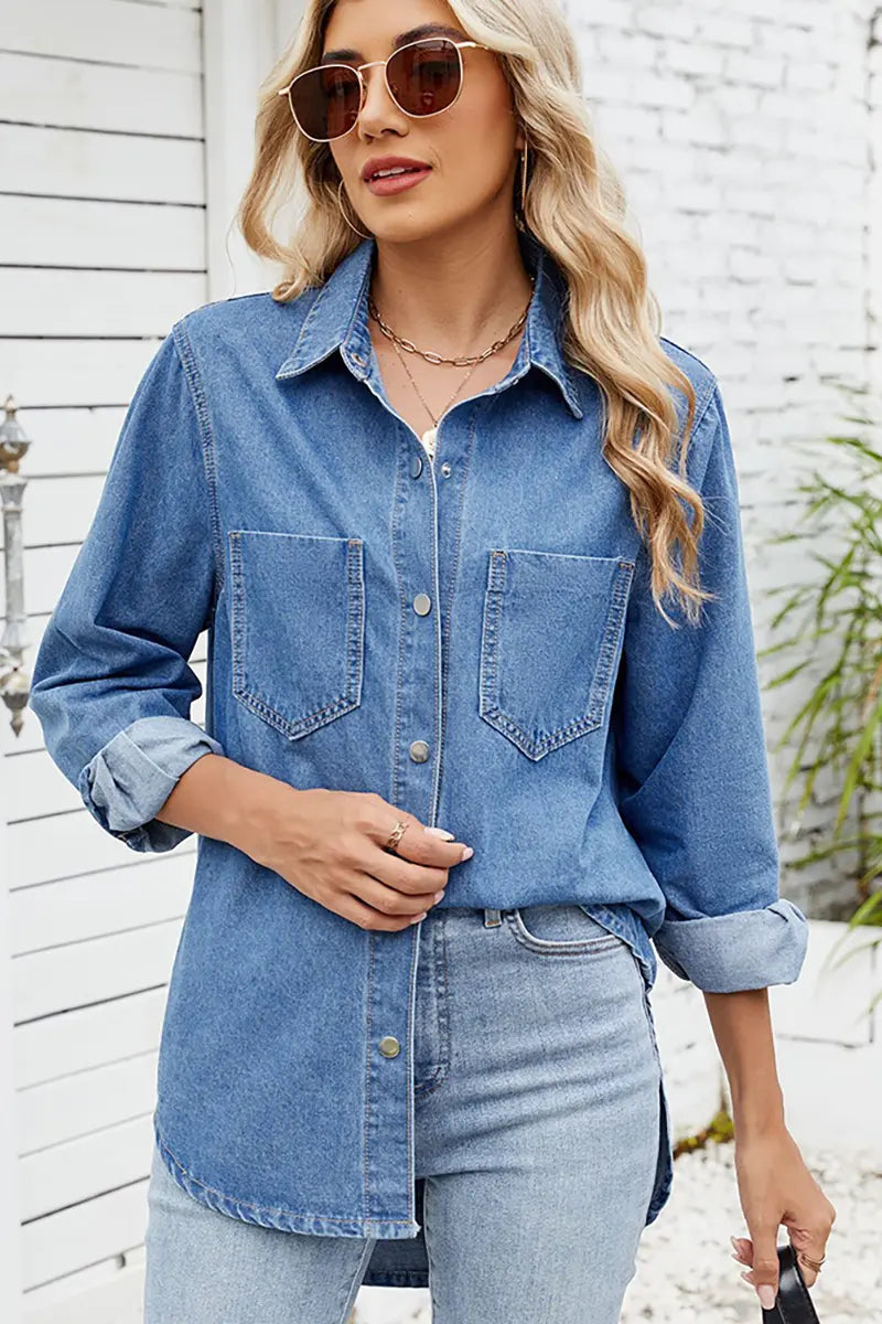 Relaxte pasvorm spijkerblouse met lange mouwen en drukknopen
