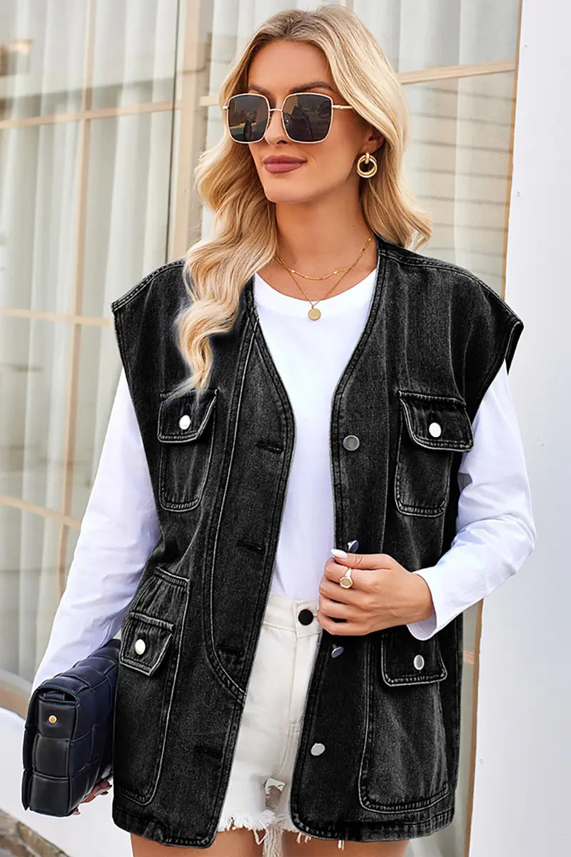 Trendy gewassen denimvest met meerdere zakken