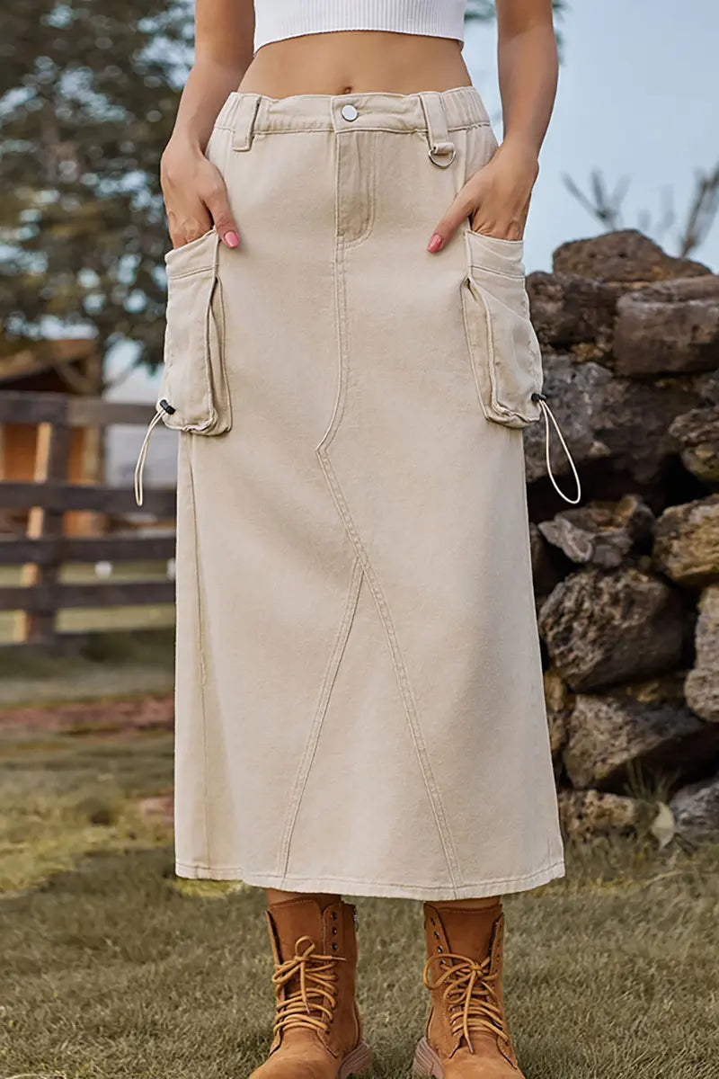 Vintage-geïnspireerde denim cargorok midi