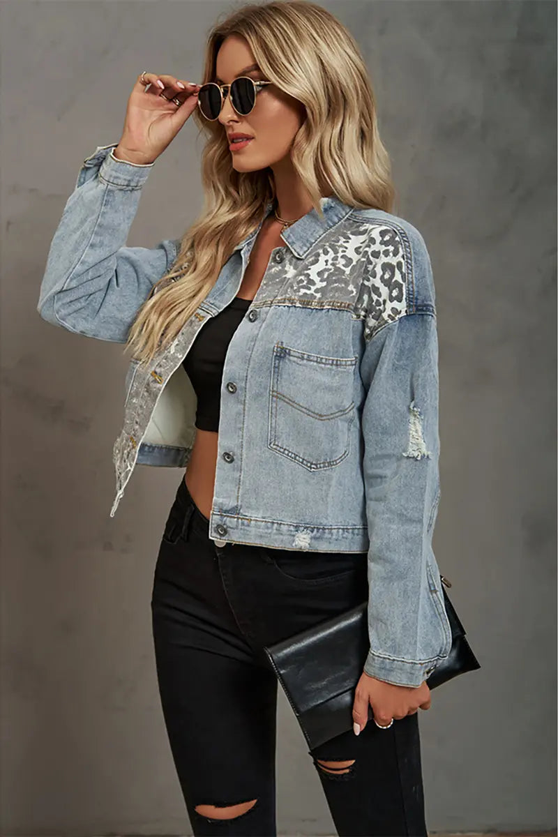 Leopard Print Denim Patchwork Jacket