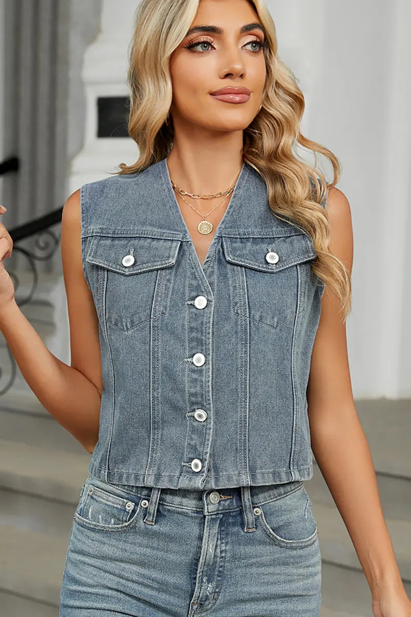 Slim Fit Denim Gilet Top met Knopen