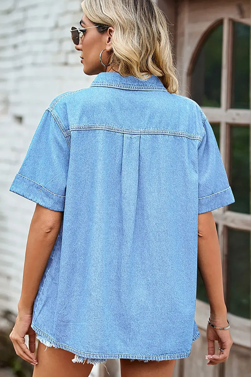 Slim-Fit Lichtgewicht Denim Korte Mouwen Overhemd