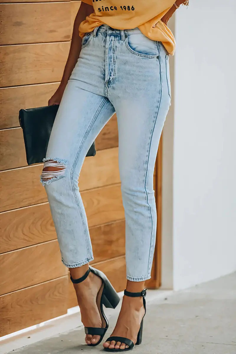 Vintage gescheurde denim enkellange broek