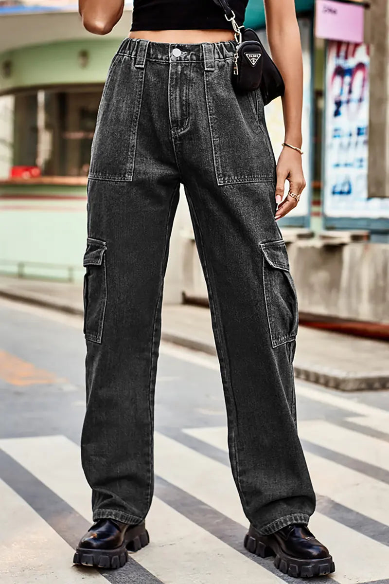 Retro Wash Elastic Waist Denim Utility Pants