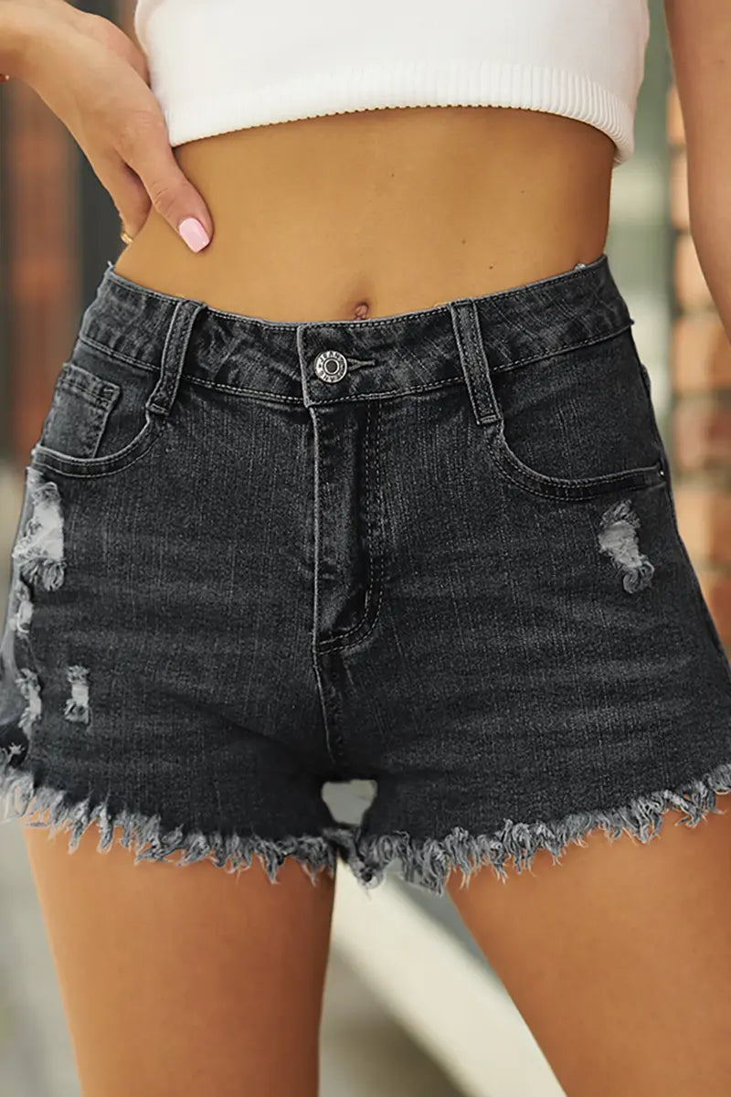 Frayed Hem Ripped Stretch Denim Shorts
