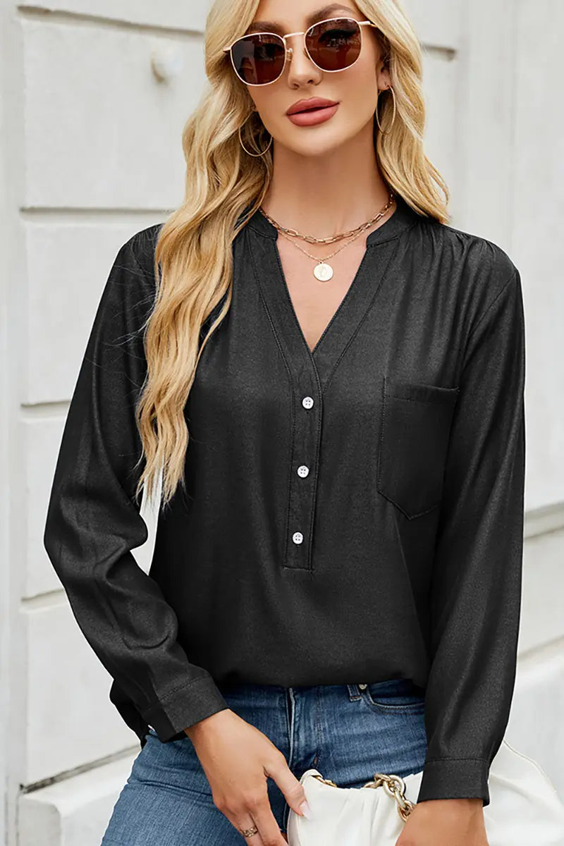 Chic Button-Down V-Neck Denim-Look Blouse