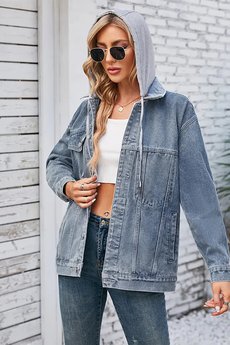 Loose Fit Mid-Length Hooded Denim Jacket