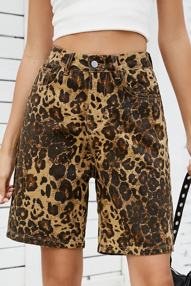 Vintage luipaardprint slankmakende denim shorts