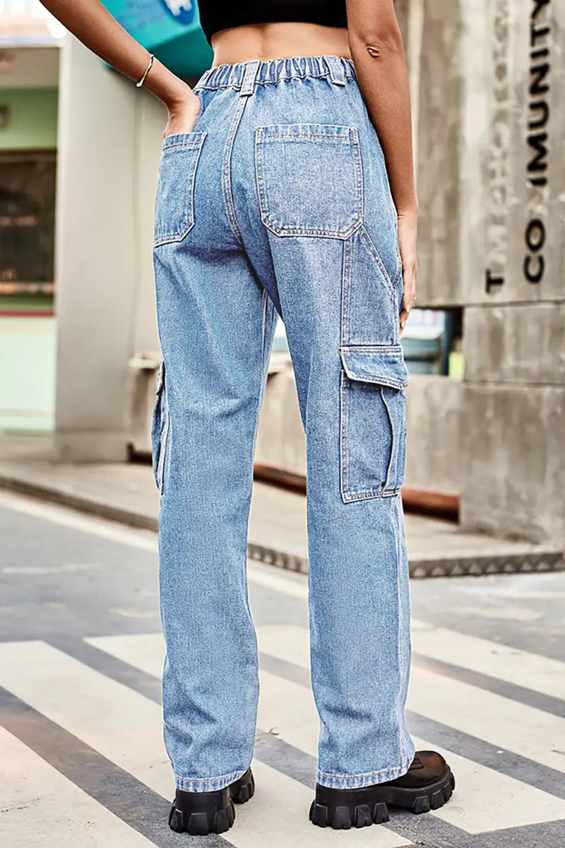 Retro Wash Elastic Waist Denim Utility Pants