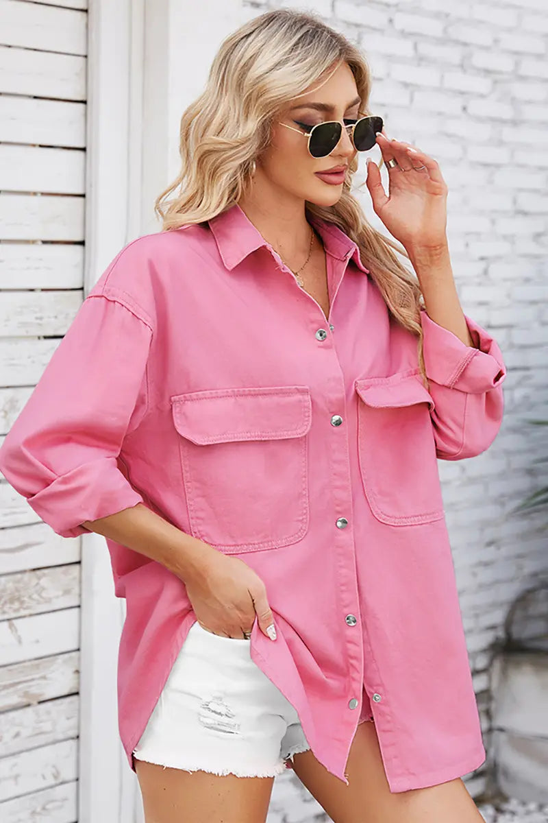 Lente Loszittend Denim Overhemd met Lange Mouwen