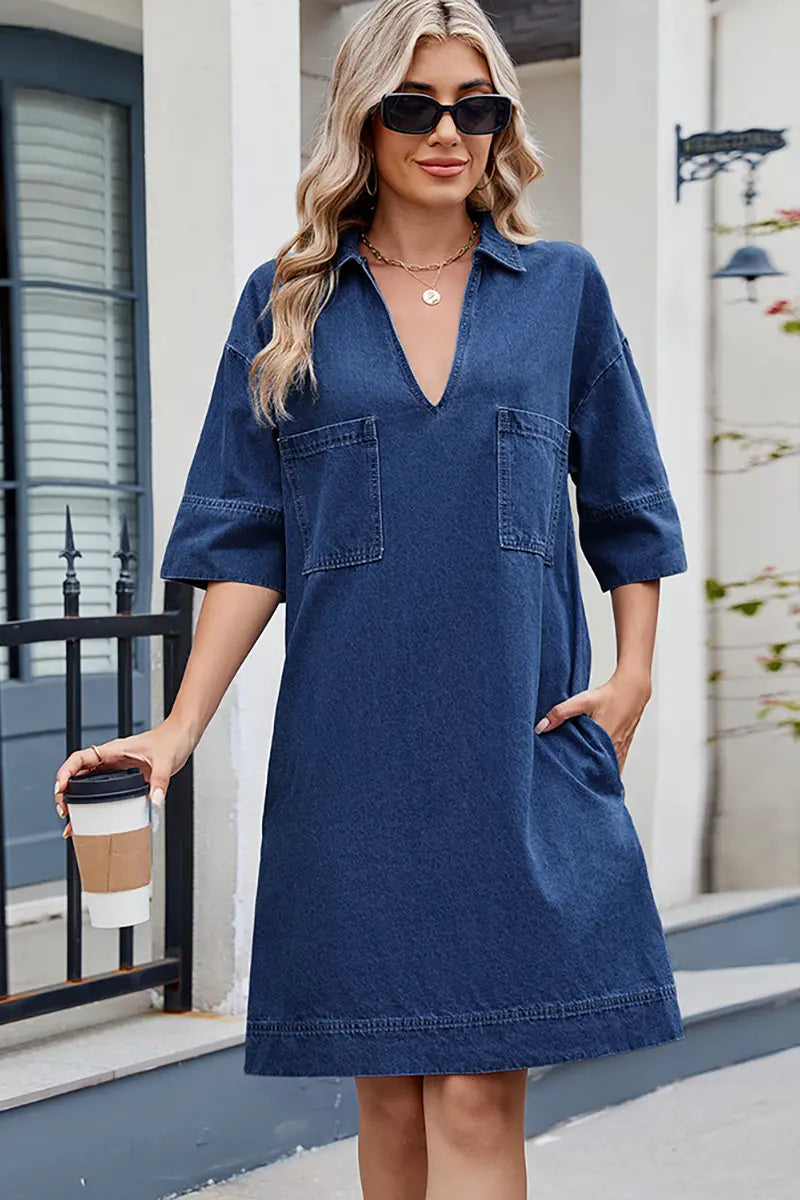 Elegant Loose-Fit V-Neck Midi Dress