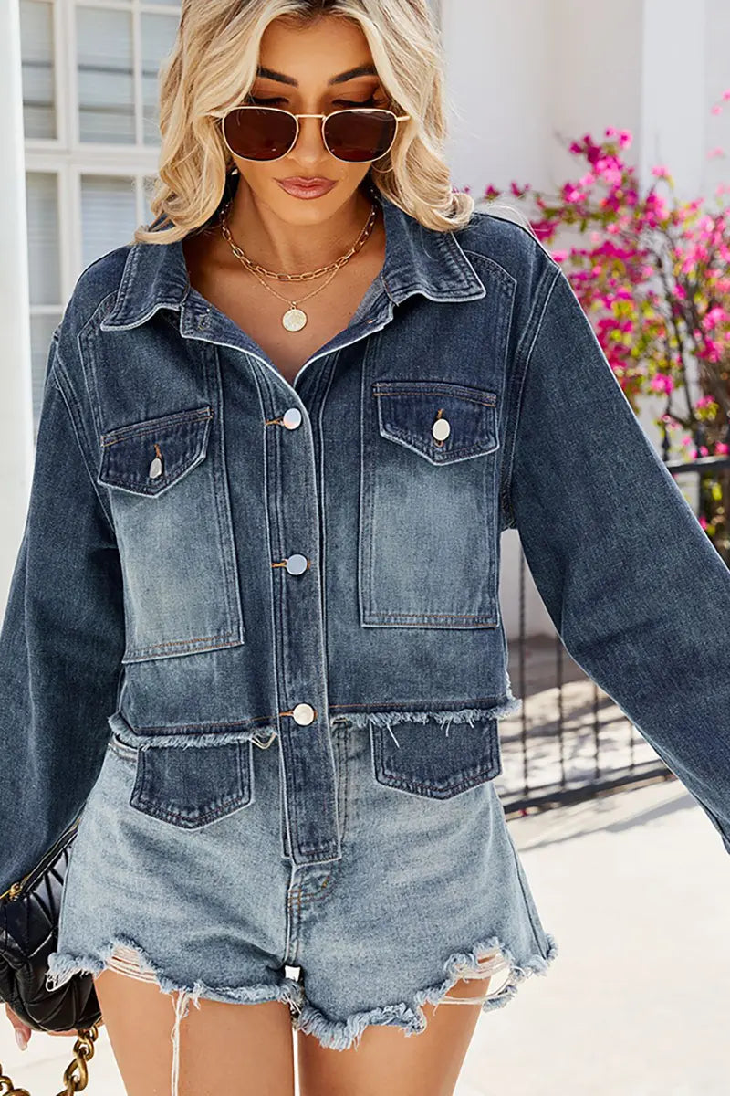 Frayed Hem Cropped Casual Denim Jacket