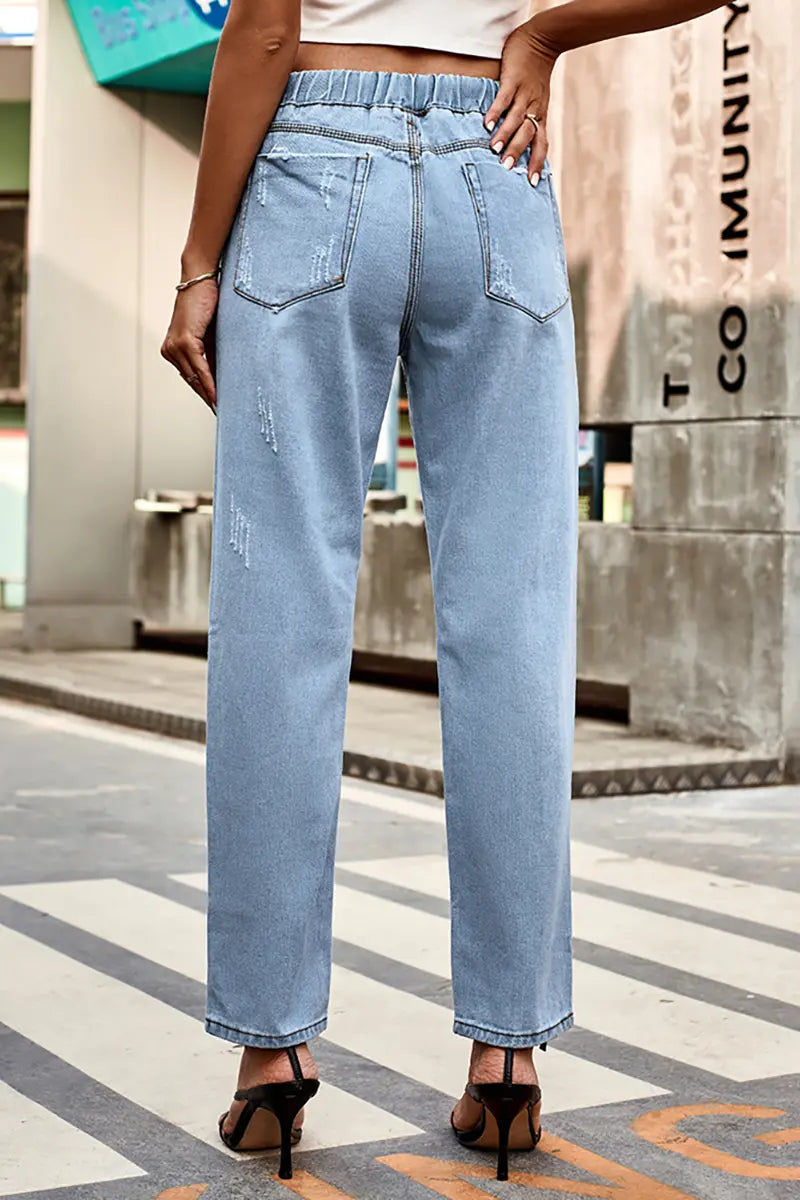 Autumn Drawstring Waist Distressed Denim Pants