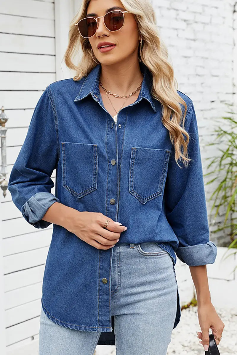 Relaxte pasvorm spijkerblouse met lange mouwen en drukknopen