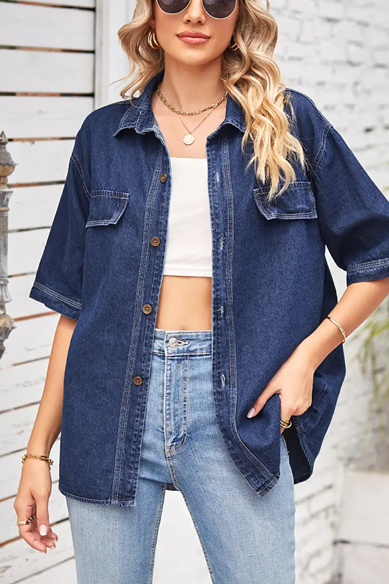 Korte mouwen casual denim overhemd met knopen