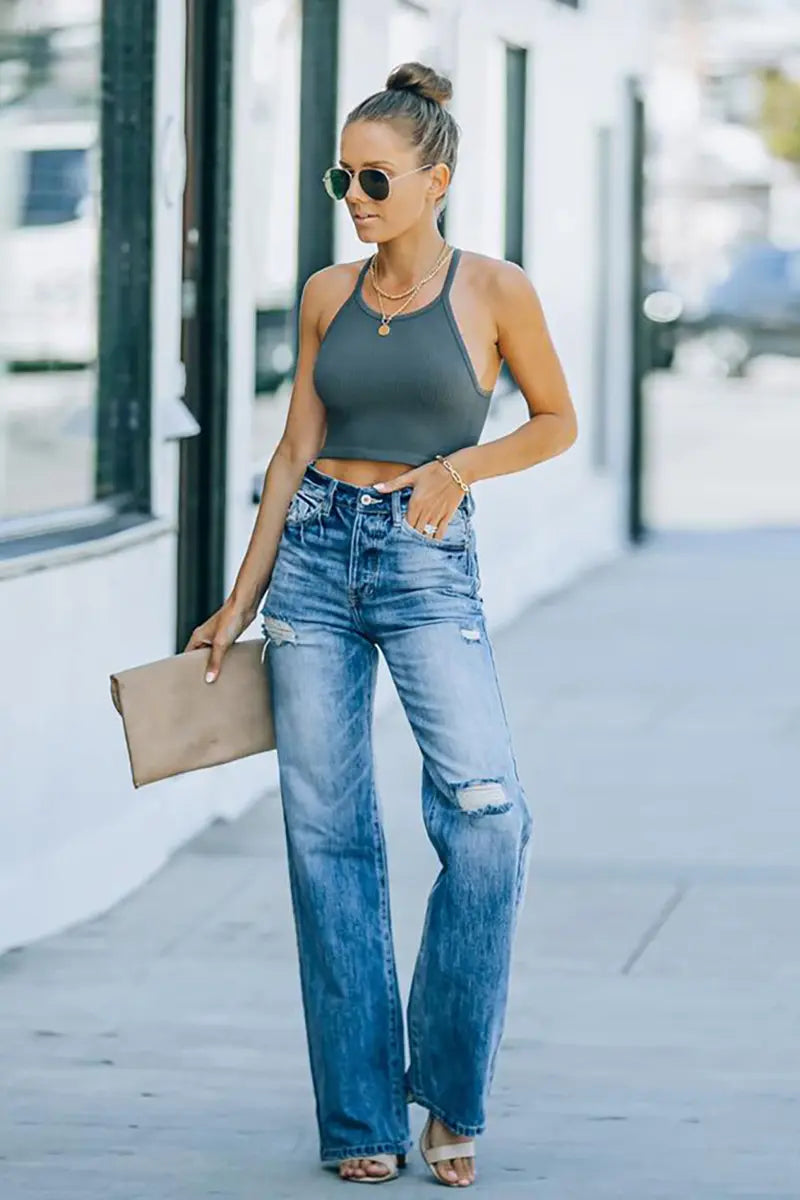 High-Waist Ripped Wide-Leg Denim Pants
