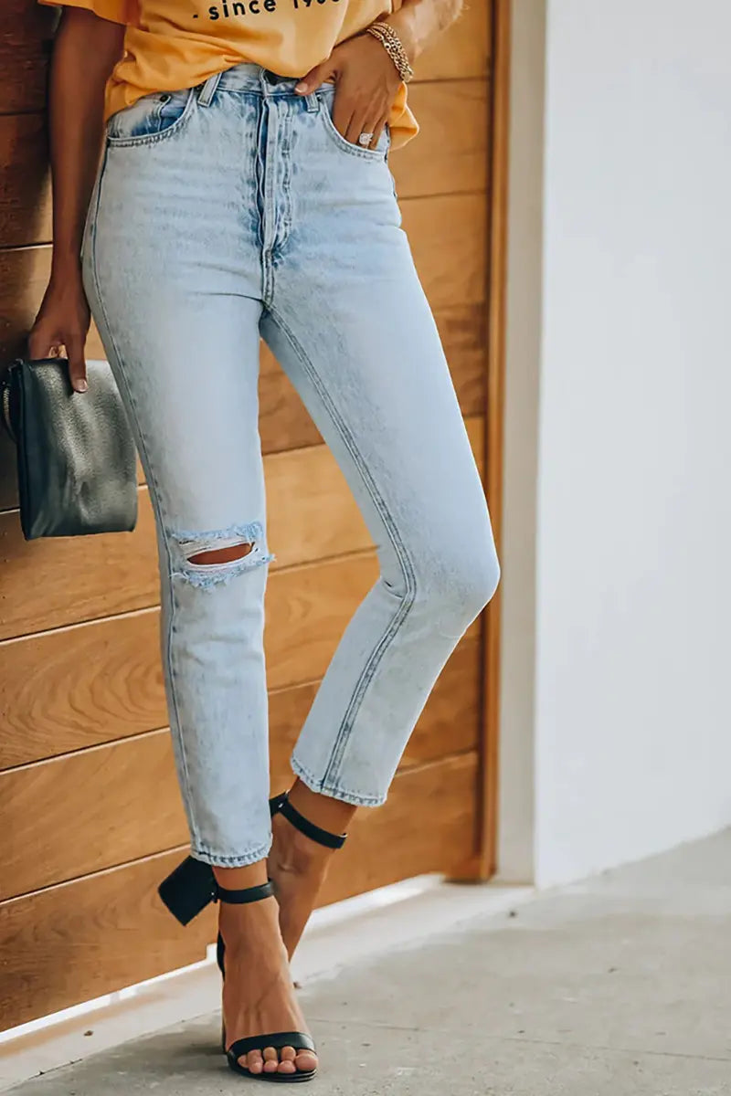Vintage gescheurde denim enkellange broek