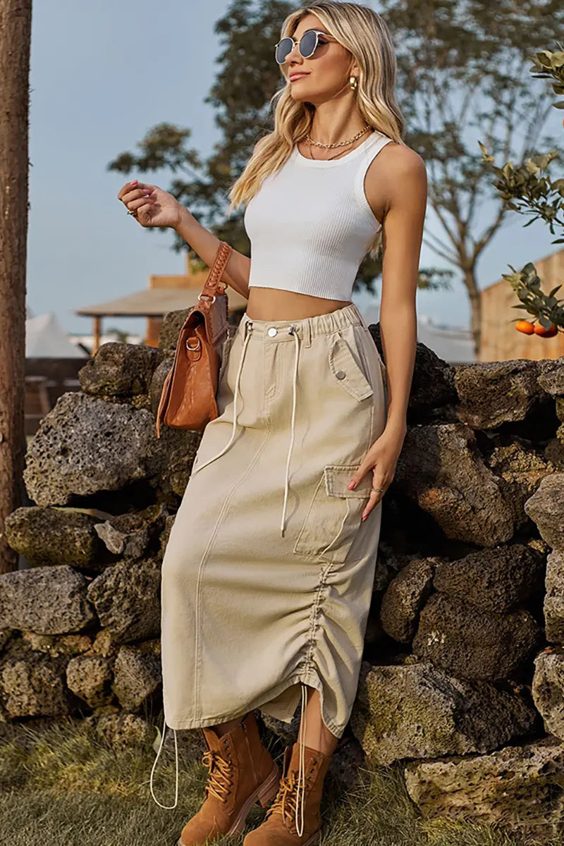 Drawstring Elastic Waist Cargo Midi Skirt