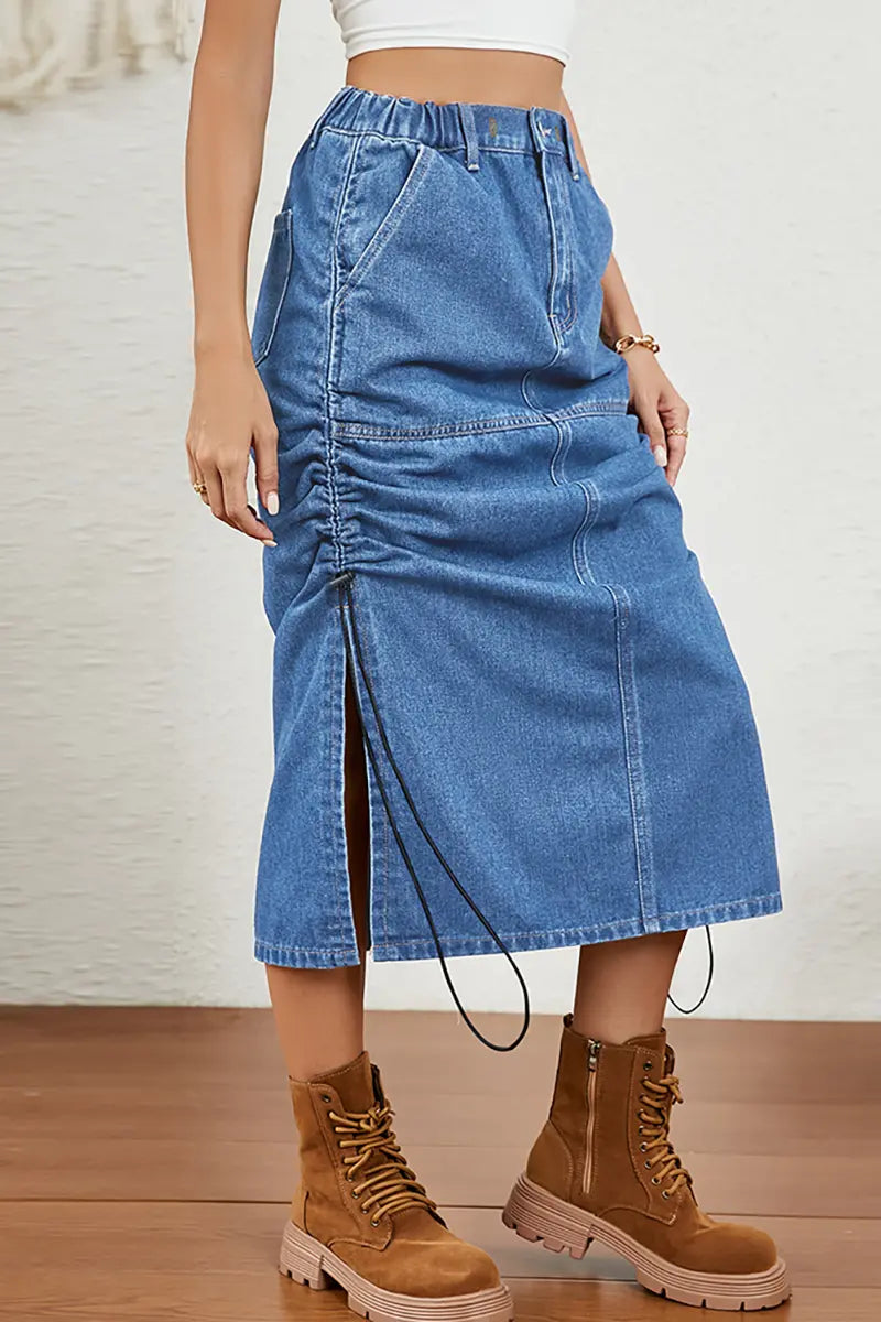 Ontspannen denim midi-rok met trekkoord