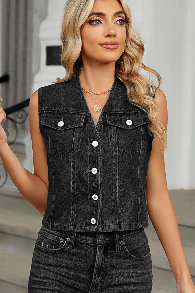 Slim Fit Denim Gilet Top met Knopen
