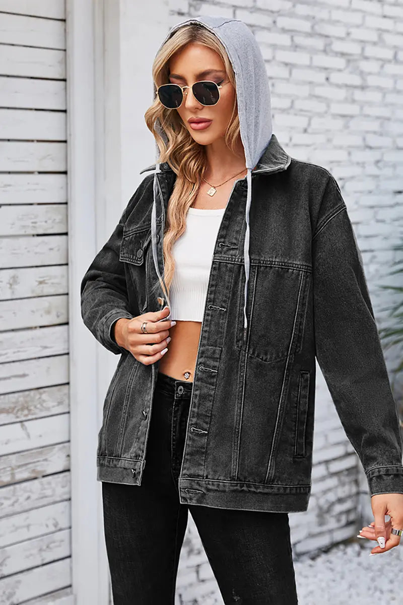 Loose Fit Mid-Length Hooded Denim Jacket