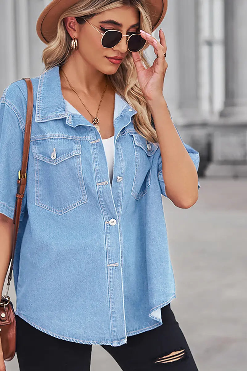 Zacht gewassen denim korte mouw cardigan
