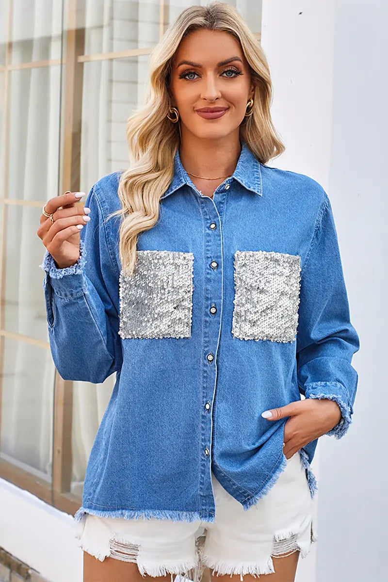 Loose Frayed Denim Shirt with Sequin Pocket
