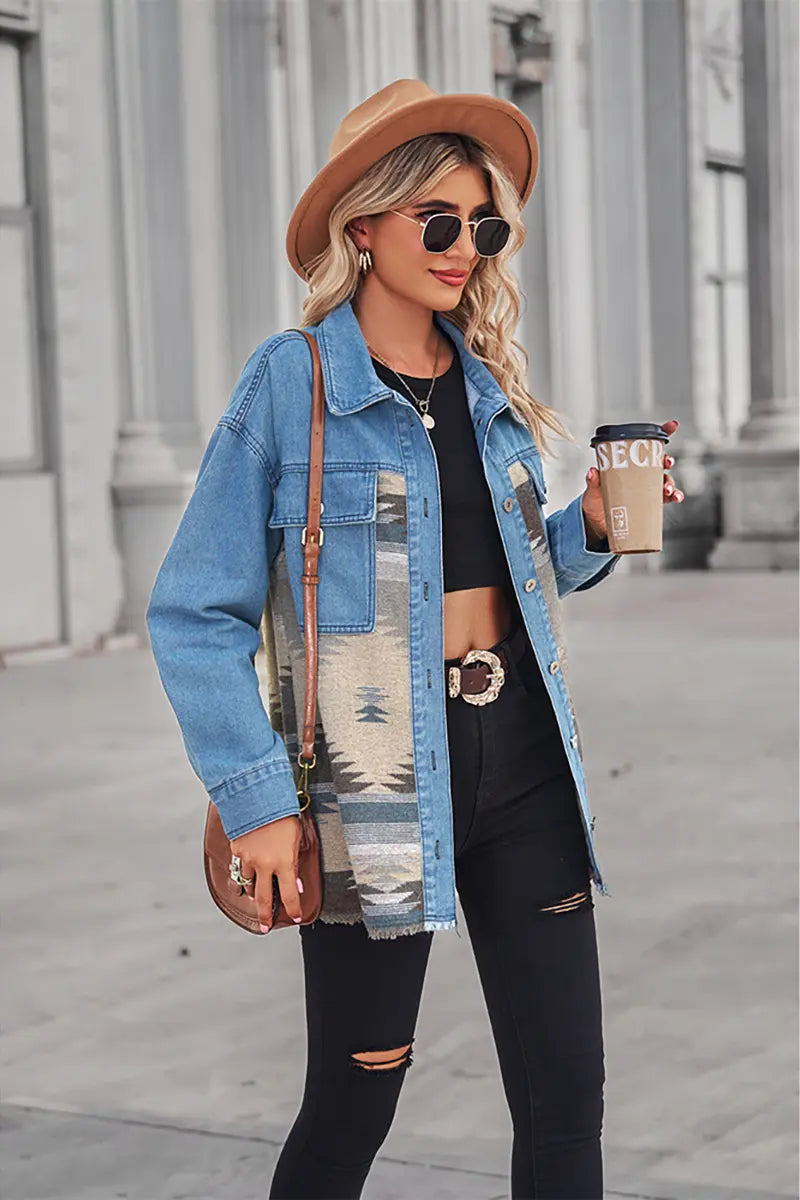 Aztec Geometric Long Denim Patchwork Wool Coat