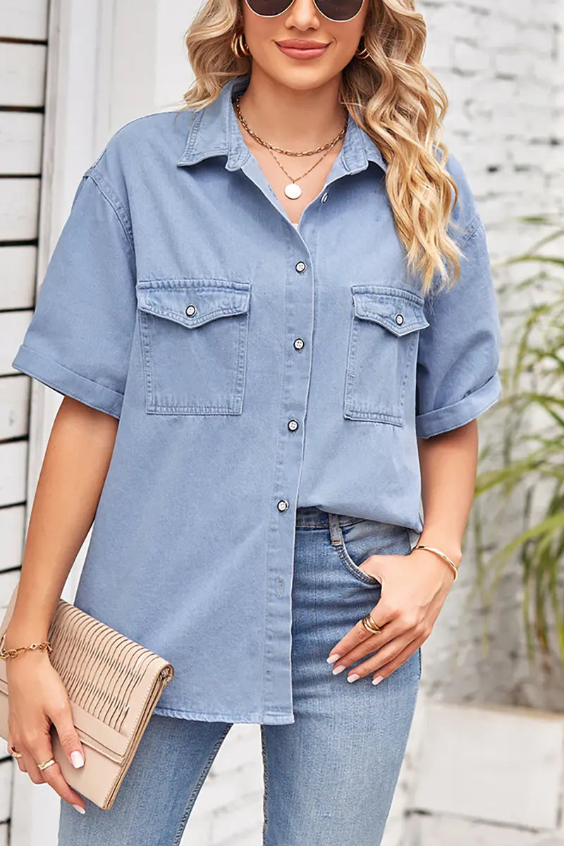 Slim Fit Korte Mouw Denim Overhemd met Knopen