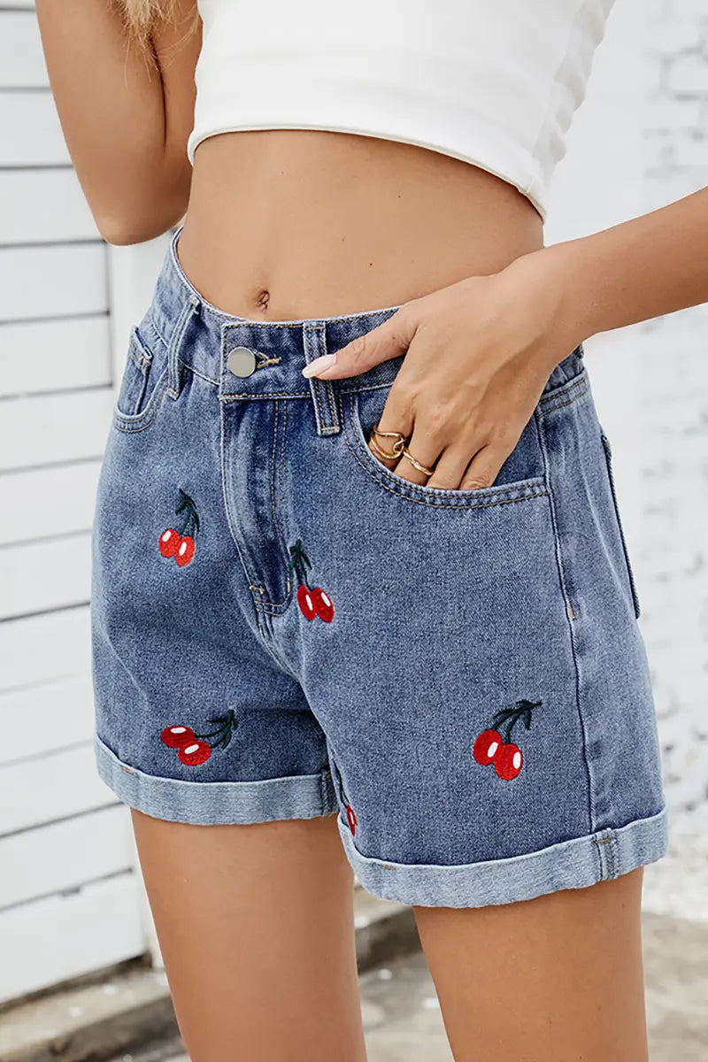 Embroidered Cherry Denim Shorts