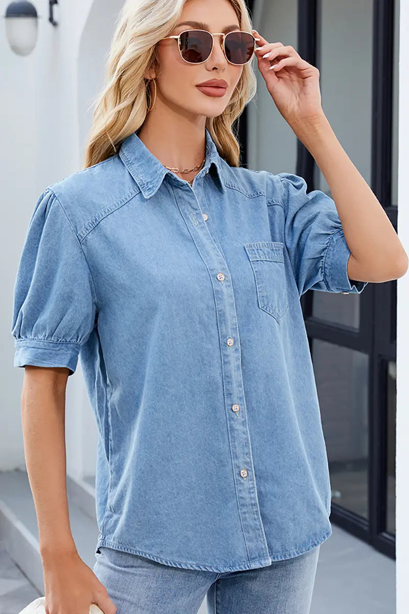 Veelzijdig prinsessenhals knoop-down denim overhemd