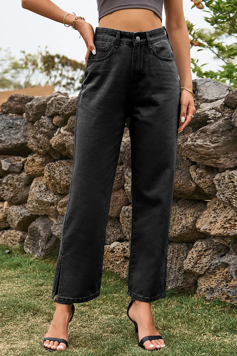 Trendy Split-Hem Washed Denim Pants
