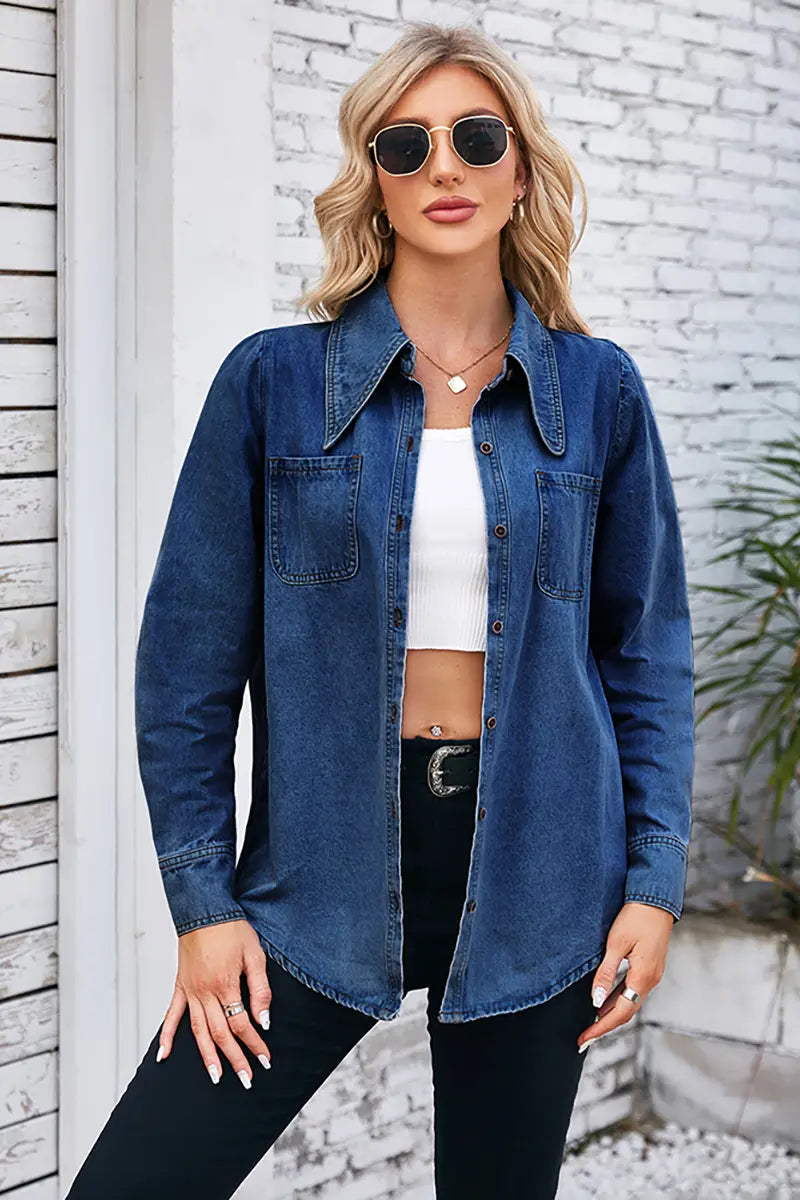 Vintage gewassen spitse kraag denim overhemd