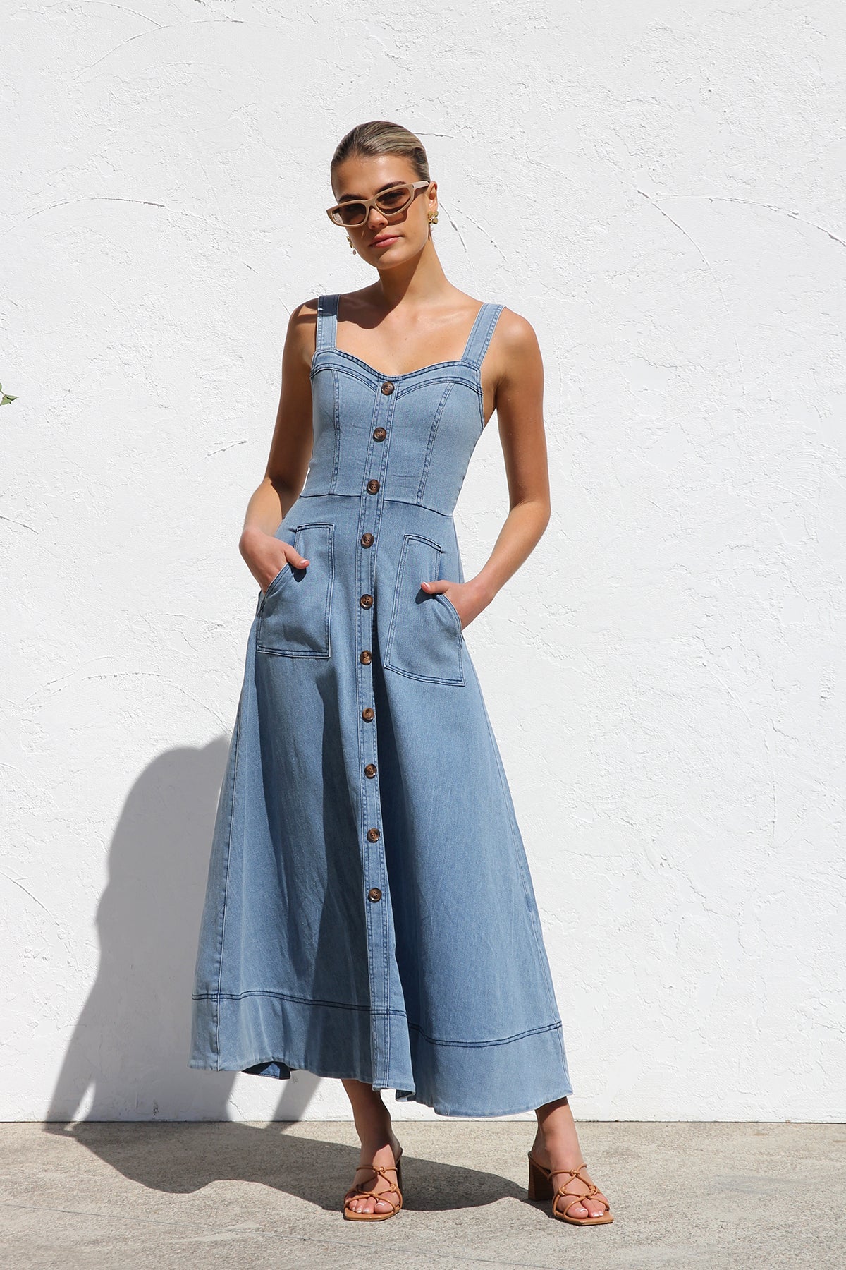 DENIM SUSPENDER CASUAL BUTTON MIDI DRESS-Blue