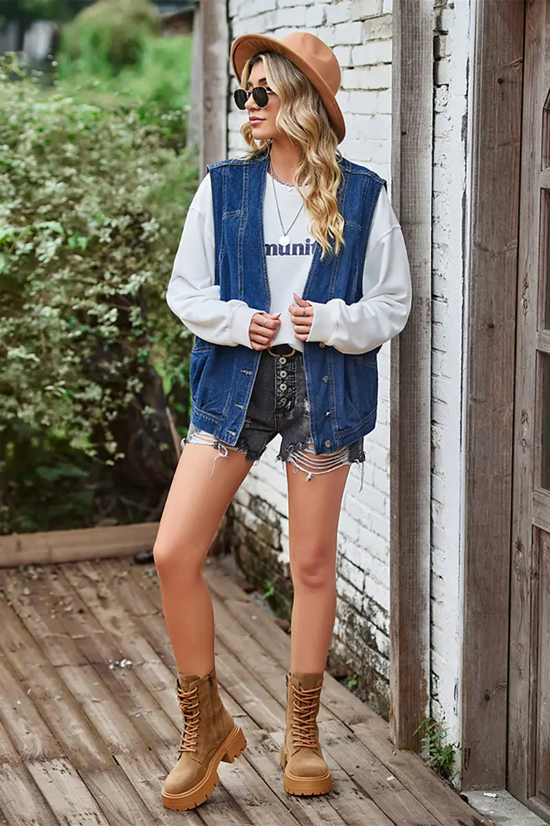 Button-Up Casual Denim Vest Jacket