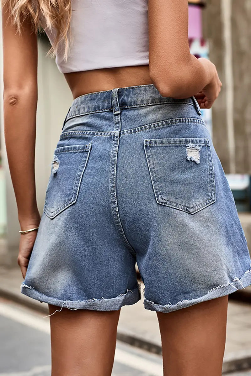 Button-Up Ripped Cuffed Denim Shorts