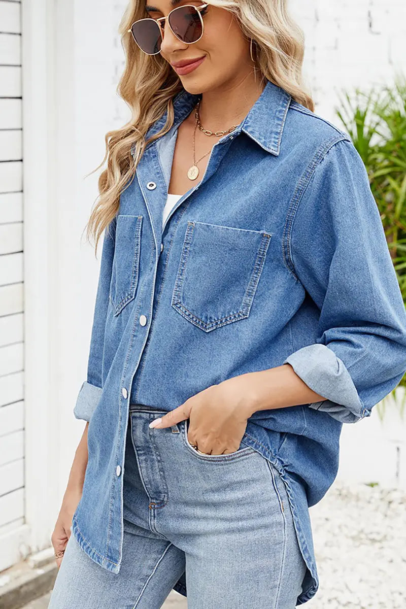 Relaxte pasvorm spijkerblouse met lange mouwen en drukknopen