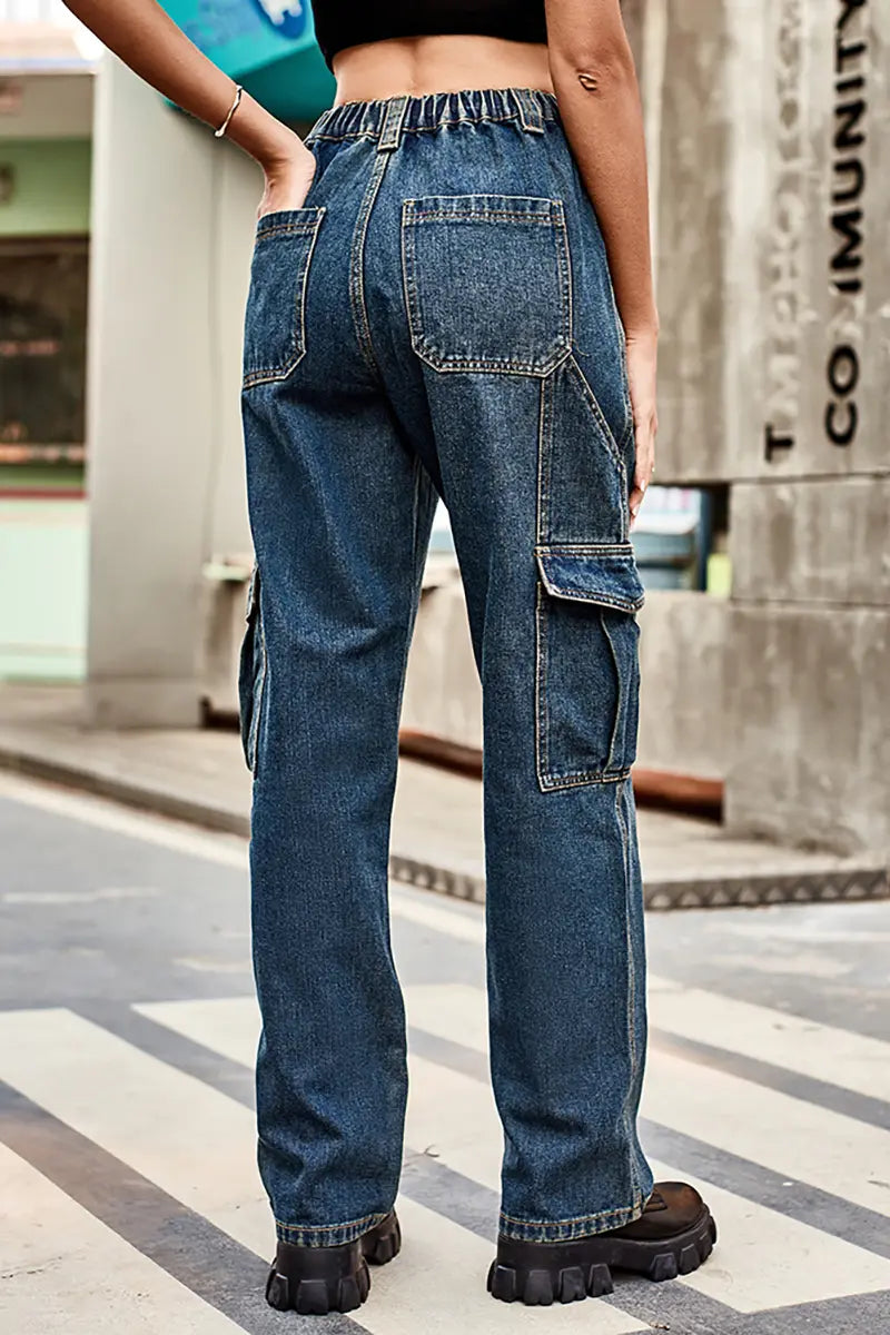 Retro Wash Elastic Waist Denim Utility Pants