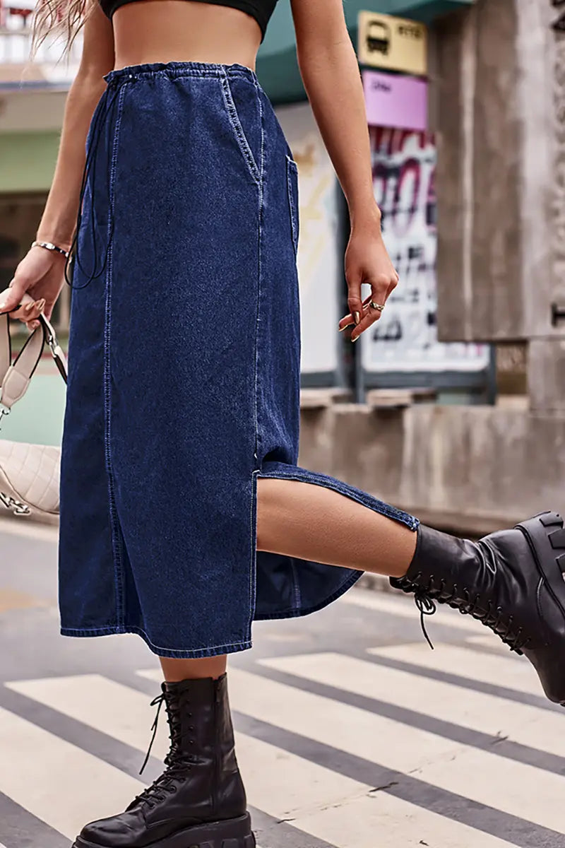 Drawstring Waist Denim Midi Skirt