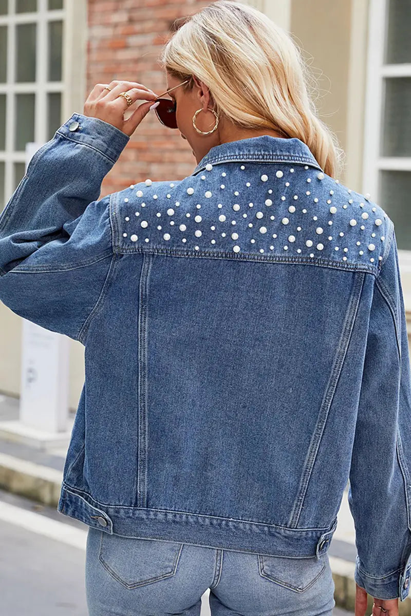Slim-Fit Denimjack met Parel-Schouders
