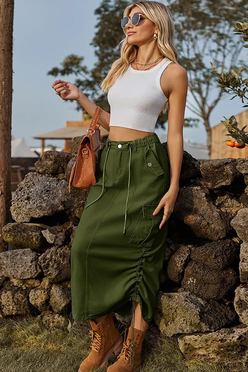 Drawstring Elastic Waist Cargo Midi Skirt