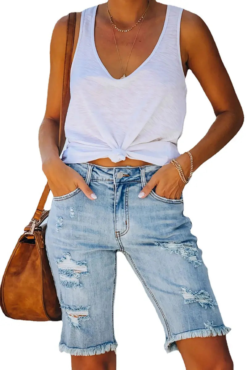 Distressed Slim-Fit Frayed Hem Denim Shorts