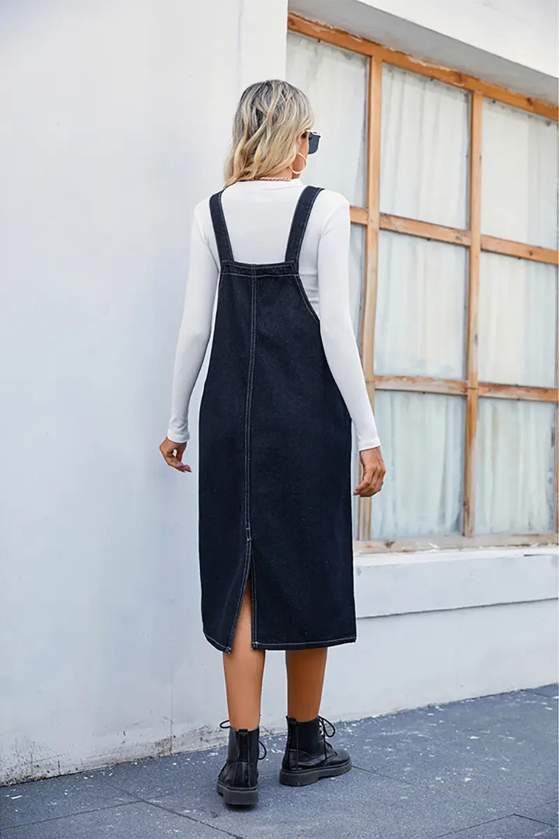Trendy denim salopetjurk midi rok
