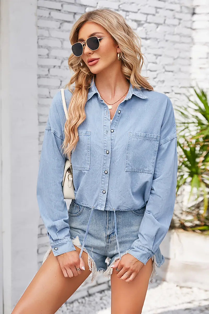 Lente Taillekoord Gewassen Denim Overhemd