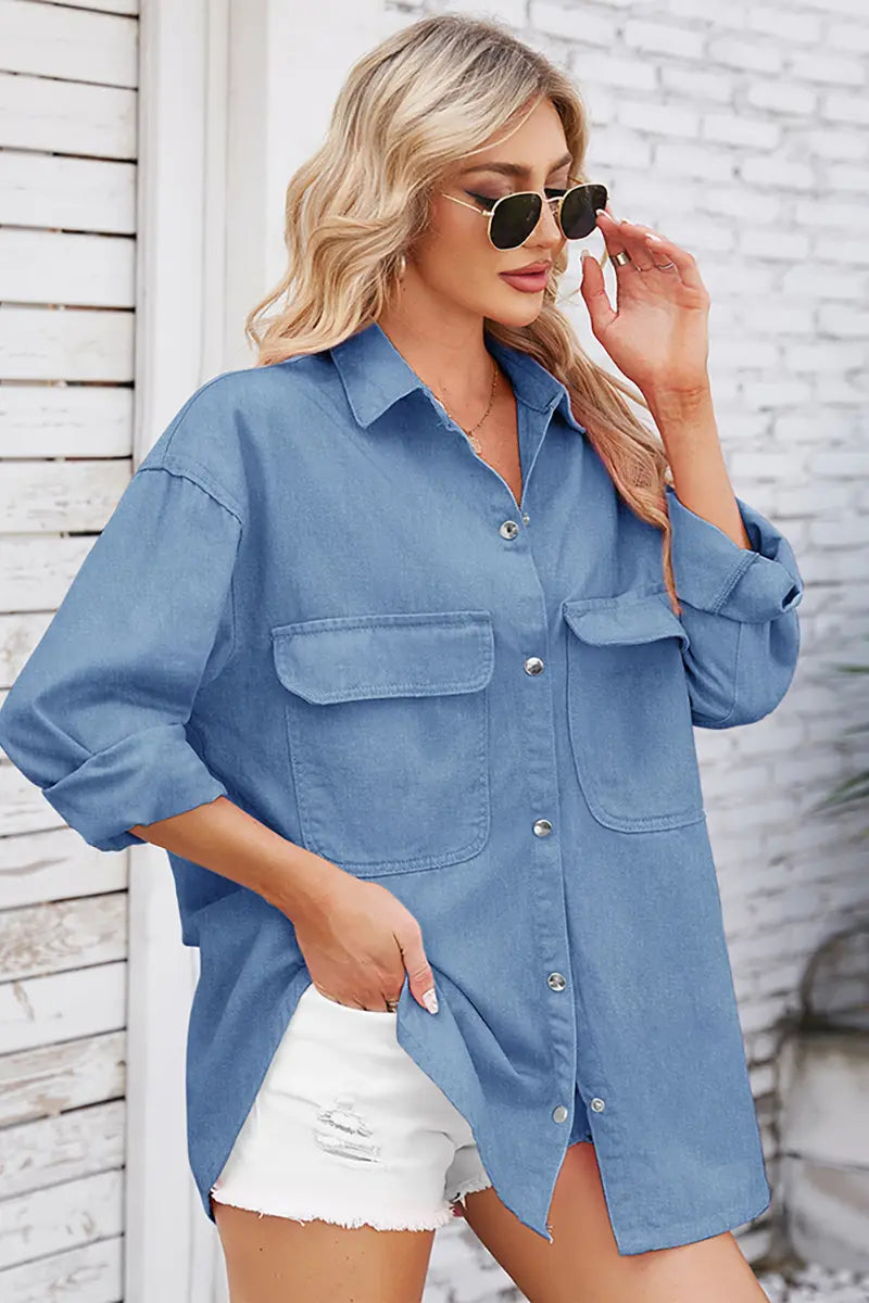 Lente Loszittend Denim Overhemd met Lange Mouwen