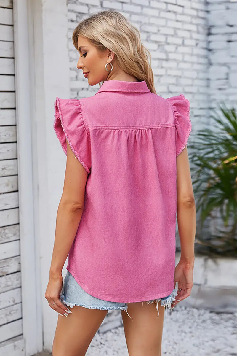 Denim blouse met knopen en ruches aan de mouwen