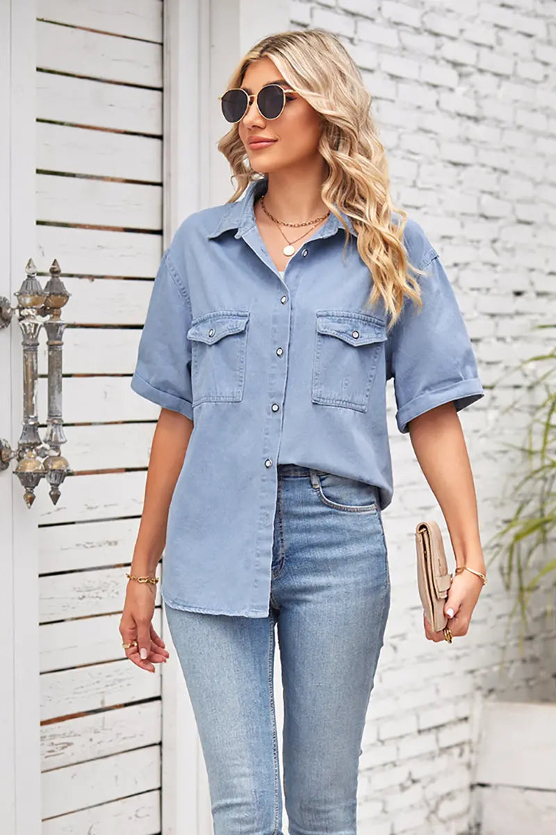 Slim Fit Korte Mouw Denim Overhemd met Knopen