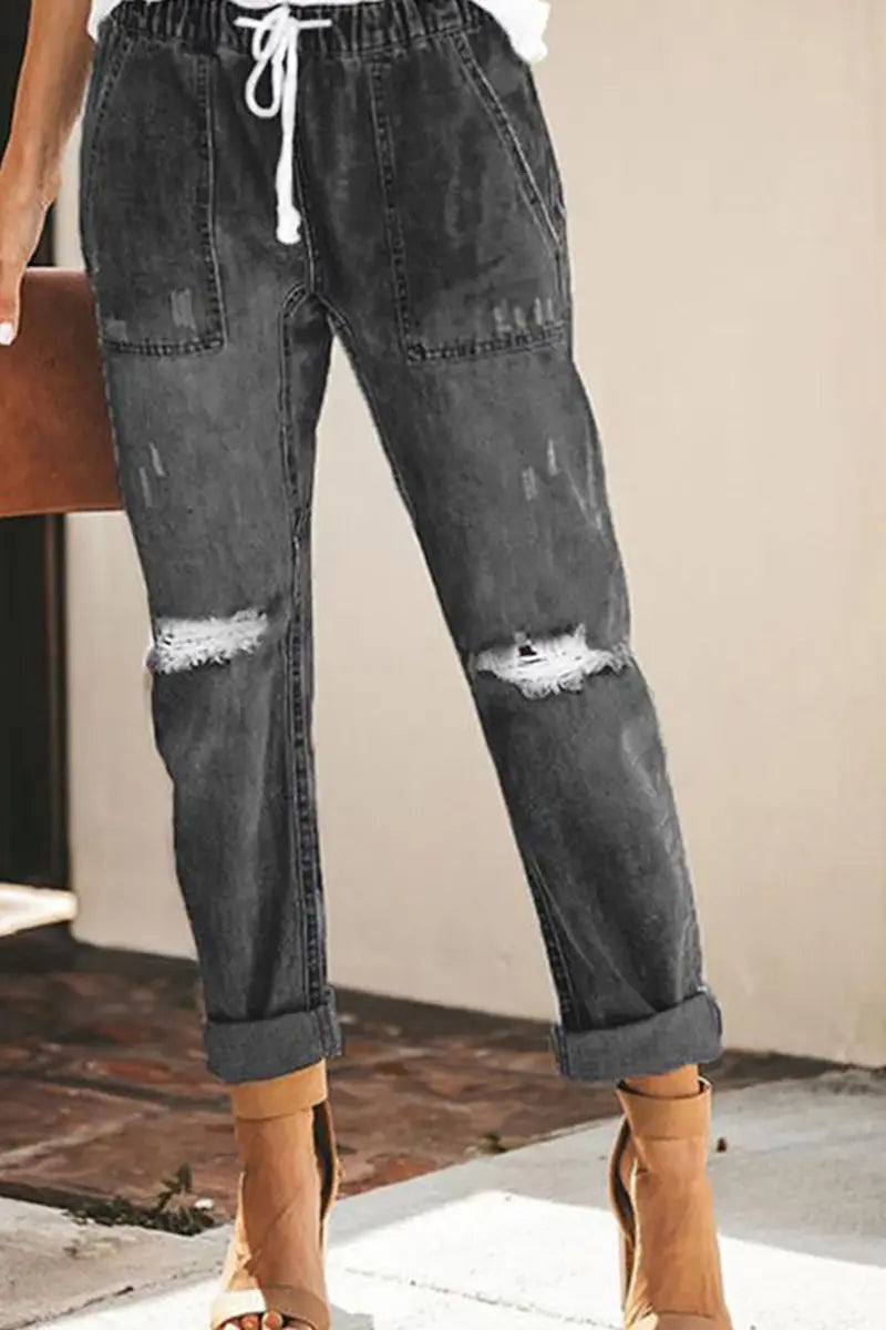 Autumn Drawstring Ripped Denim Pants